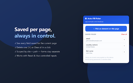 Form Auto-Fill Picker :: Pick inputs and selects on any page, save a value for each, and auto-fill them every time you load the page again.