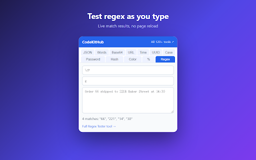 CodeKitHub – JSON, Base64 & Dev Tools :: JSON formatter, Base64 encoder, UUID/hash generator, regex tester & more — 12 free dev tools in one popup. 100% local, no sign-up.