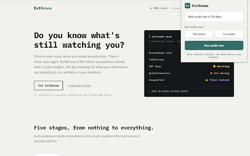 ExtRenew :: Every 30 days, review what your other extensions can access and confirm you still want to keep them. Runs entirely locally.