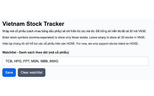 Vietnam Stock Tracker :: Theo dõi giá cổ phiếu Việt Nam với danh sách tùy chỉnh ngay trên trình duyệt - Track Vietnam stocks with a customizable watchlist.