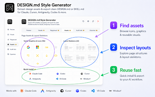 DESIGN.md Style Generator - Tokens for Claude, Antigravity, Cursor & Codex :: Extract CSS variables, typography, and layout into clean DESIGN.md files for Claude Code, Antigravity, Cursor, and Codex.