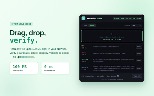 HashLab — Hash Calculator :: Calculate MD5, SHA-1, SHA-256, SHA-512 hashes instantly. 100% local — no data collected, no servers.