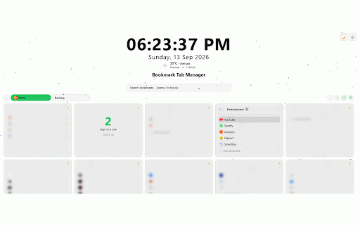 Bookmark Tab Manager :: Organize your bookmarks beautifully. Custom folders, drag & drop, clock, weather, themes and more on every new tab.