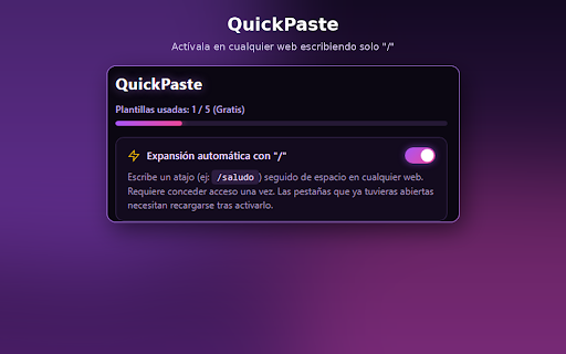 QuickPaste - Respuestas Rápidas :: Guarda plantillas con variables y carpetas, expándelas con "/atajo" o pégalas directamente.