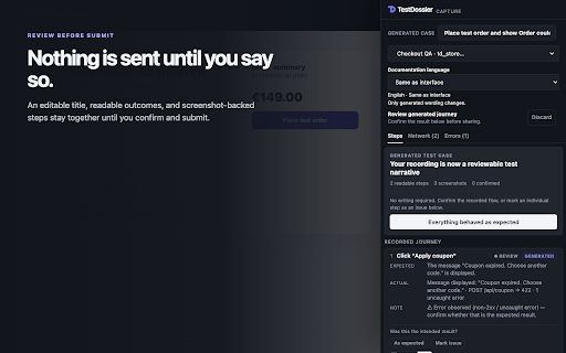 TestDossier — capture browser tests :: Record a browser journey and get a complete, review-ready test case with evidence in TestDossier.