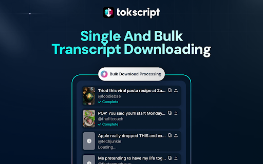 Tokscript :: Transform TikTok videos into text instantly. Copy, download, and save video captions with one click.