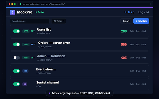 MockPro - API & Stream Mocker :: Professional API mocking for REST, SSE, and WebSocket. Intercept, mock, and debug network requests with ease.