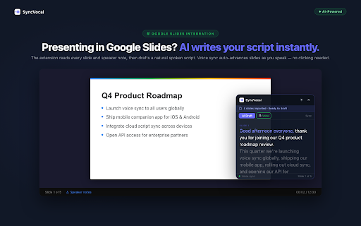 SyncVocal :: Free Google Slides teleprompter that follows your voice in 30 languages. Reads your speaker notes and scrolls as you speak.