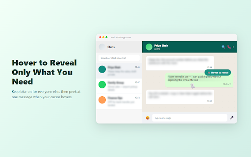 Privacy Blur for WhatsApp Web — Hide Chats & Messages :: Hide & blur WhatsApp Web messages, contacts & photos Screen share safely. Hover to peek.