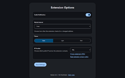 IP Address Tool :: Displays your public IPv4 and IPv6 addresses with provider choice, notifications, and dark mode.
