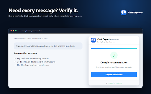 Chat Exporter by Tom Raz :: Export AI chats to Markdown or text locally, with full-chat verification and safe ZIPs for long conversations.