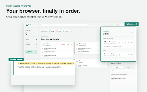 Tabloom | Tab Organizer :: Organize tabs by website, manage multi-window tabs, remove duplicates, save pages, and capture selected text with highlights.