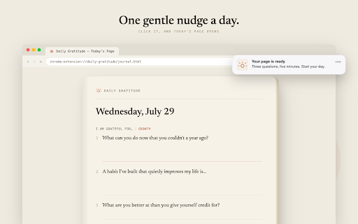 Daily Gratitude Journal & Hourly Reminders :: One kind reminder every hour, plus a three-question gratitude journal for your mornings. No streaks, no pressure.