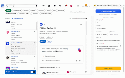 Bullets: AI Career Tracker & Resume Builder :: Save job postings from top job boards and company career pages, and let AI tailor your resume to each role in one click.