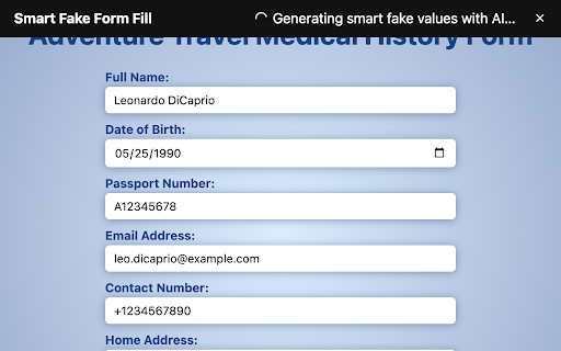 Smart Fake Form Fill :: Populate forms with relevant, AI-generated data for testing purposes