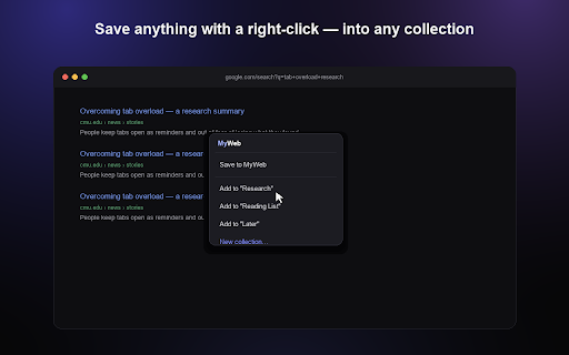 MyWeb — Save to your personal internet :: Save any page to your personal, searchable library. Sweep windows of tabs into sessions and park distractions for later.