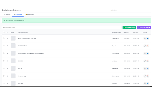 Shopify Scraper Engine :: Export Shopify products, collections & best sellers to CSV/Excel. Free: 100 products. PRO: Unlimited for $3.99/month!