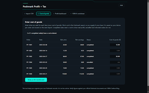 Poshmark Profit + Tax :: Import your Poshmark Sales Report CSV to see real net profit per item and generate a 1099-K reconciliation worksheet. Local-first.