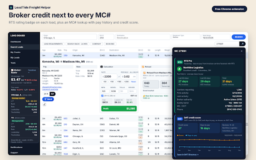 LoadTide Freight Helper :: Freight dispatch helper: broker credit ratings, fuel cost per lane, reload outlook, broker emails and a rate confirmation tracker.