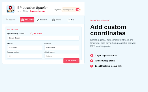 BP Location Spoofer :: Spoof GPS location in Chrome, set custom coordinates, save city presets, and exclude sites that need real location.