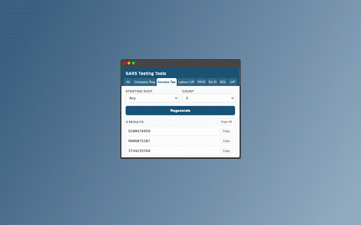 SARS Testing Tools :: Generate valid South African tax reference numbers for testing — SA ID, Income Tax, Company Reg, PAYE, UIF, SDL.