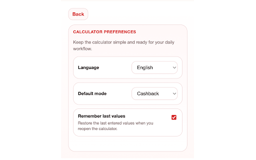 Percentage Cashback Calculator :: Quick cashback and percentage calculations with a compact popup, large view, and simple settings.