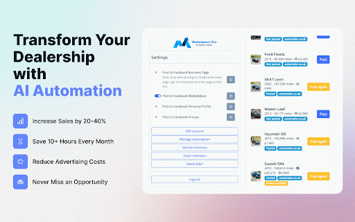 Facebook Marketplace Pro | The 1# FBMP AI Vehicle Lister & Stock Manager :: Post to FB Marketplace, Groups & Pages. Track listings, sales & prices. Sell 20–40% more monthly. 30-Day Free Trial. £57/mo.