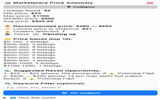 Marketplace Price Analyzer :: Analyze Marketplace prices, trends, outliers, and resell opportunities. Auto-refresh, keyword filter, and more.