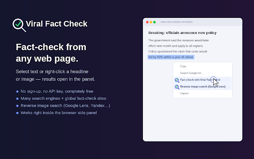 Viral Fact Check :: Verify claims across search engines & fact-check sites, plus reverse image search with Google Lens — in the side panel.
