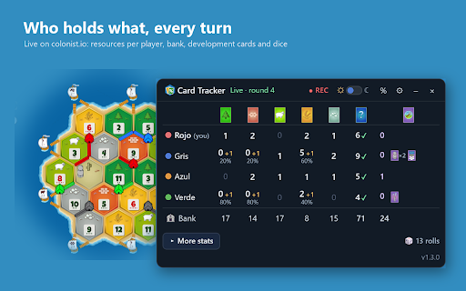 Colonist Card Tracker – Catan card counter :: Catan card counter for colonist.io: steal probabilities, bank, development cards and dice. Records anonymous games for research.
