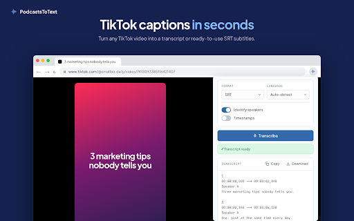 PodcastsToText :: Transcribe Spotify, Apple Podcasts, YouTube and TikTok to text with one click