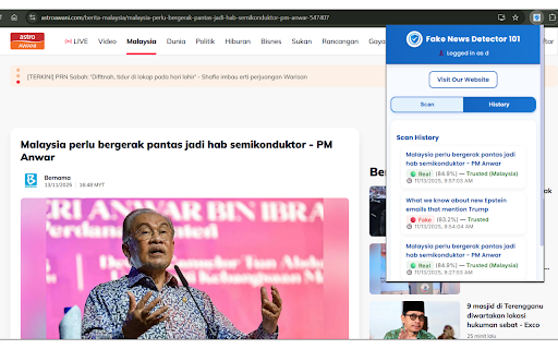 Fake News Detector 101 :: AI-powered browser extension that detects misleading or false news on any webpage in real time.