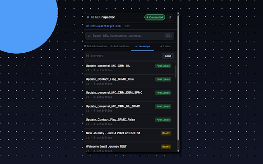 SFMC Inspector :: The definitive developer toolkit for Salesforce Marketing Cloud. Explore DEs, Automations, Journeys and lint your SQL.