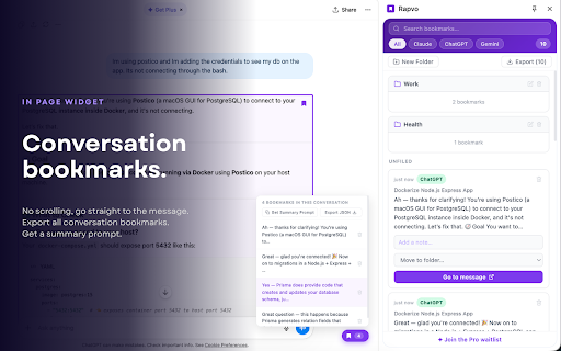 Rapvo - AI Bookmark Manager :: Save, organize and jump back to AI responses across Claude, ChatGPT and Gemini. Your AI knowledge, always findable.
