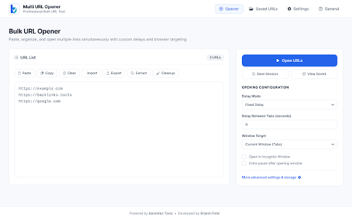 Bulk & Multi URL Opener - BacklinksTools :: Bulk open multiple URLs & links with smart delay (fixed, random, incremental), 1-click link extractor, domain grouping & sync.