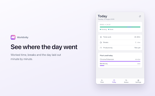 Worktivity Time Tracker :: Clock in, take breaks and log time to your tasks, straight from Chrome. No desktop install needed.