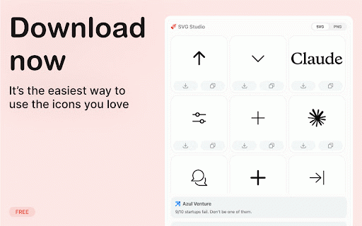 SVG Studio: Download icons instantly :: Finds vectors on websites, displays them in a sidebar, and allows copying or downloading with unique filenames.