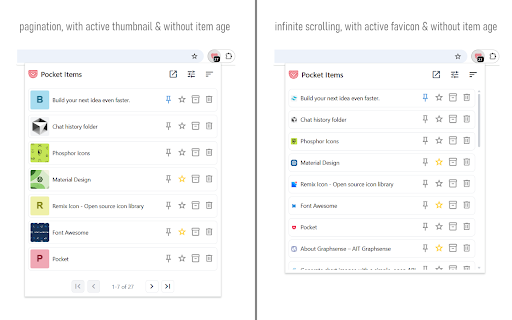 Pocket Item Viewer :: Browser plugin for Pocket (getpocket.com): Shows your saved items in a popup window.