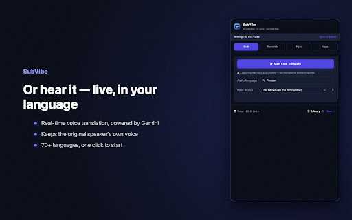 SubVibe - AI Subtitle Translator :: AI subtitles for streaming video — in sync, cached free on replay, or hear it translated aloud live in your language.