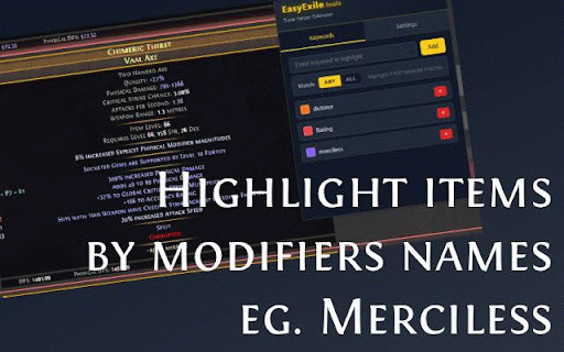 EasyExile Trade Extension :: PoE trading helper: View dust values, find bulk sellers, highlight items by modifiers, and search with keywords.