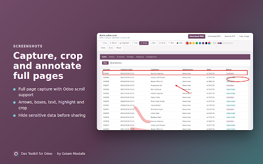 Dev Toolkit for Odoo :: Odoo developer toolkit: debug switcher, field inspector, domain builder, record compare, barcodes, screenshots, recording.