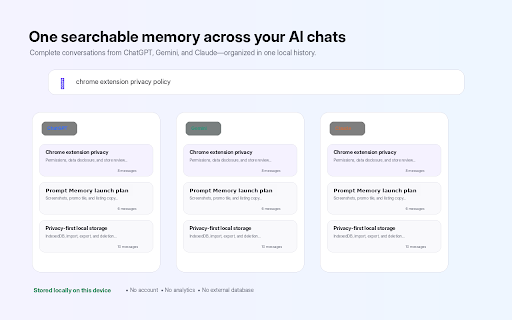 Prompt Memory :: Recall complete ChatGPT, Gemini, and Claude conversations while you type—stored locally and shown above the chat box.