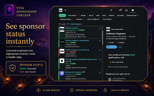 Visa Sponsorship Checker :: Highlights licensed or recognised sponsors directly on LinkedIn Jobs using bundled official registers.