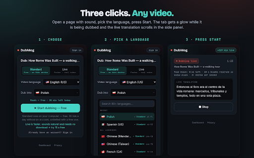 DubMog — Live Video Translator & Dubbing :: Dub any video into your language as it plays. Free Standard mode on your computer, Pro Live for a real voice in 80+ languages.
