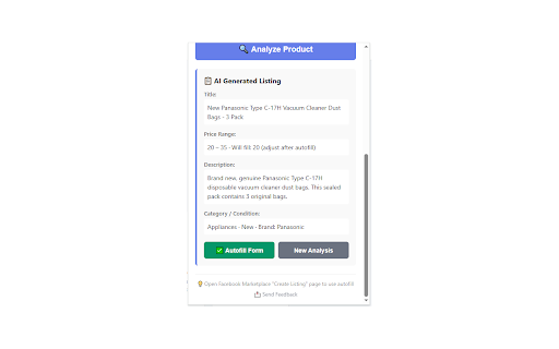 Marketplace AI Lister :: Generate Marketplace listings with AI. Upload a photo and get title, price, description, and category auto-filled in seconds.