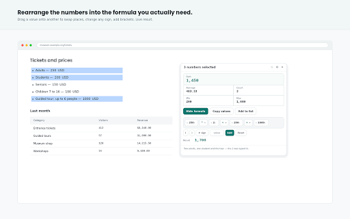 Sum Up — Select Numbers to Add Them :: Sum, average and count for any numbers you select. Collect prices across pages, then export the formula to Excel.