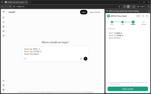 ChatDataMask: Data Leak Prevention for ChatGPT & Claude (GDPR) :: Local PII masking via tokenization: redact client names, contracts & financial details before ChatGPT or Claude see them