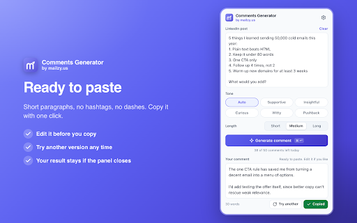 Comments Generator :: Write LinkedIn comments that sound human, in seconds, right from Chrome's side panel. By mailzy.us.