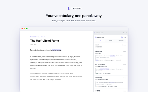 Langmosis :: Select a word as you read, translate it on your device, and save it with its sentence and source to your own vocabulary list.