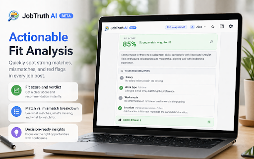 JobTruth AI :: Open any job listing and get instant AI analysis based on your CV: fit score, red flags, salary match and improvement tips.